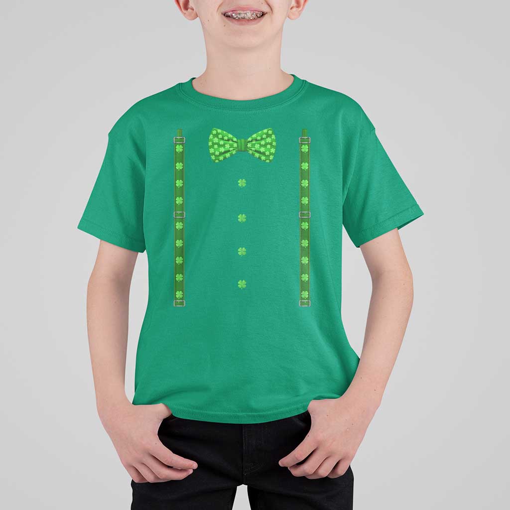 Bow Tie Suspenders St Patricks Day Costume T Shirt For Kid Funny Irish Shamrock Clovers