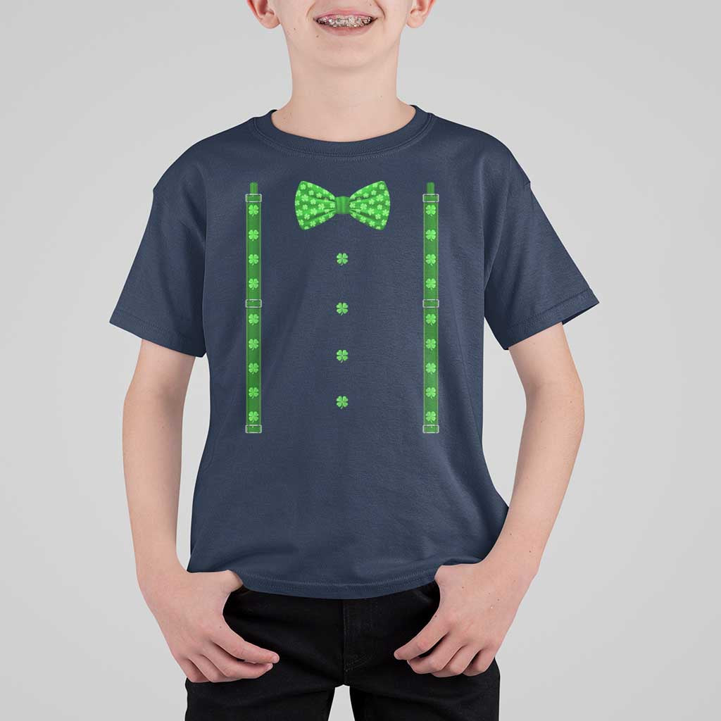 Bow Tie Suspenders St Patricks Day Costume T Shirt For Kid Funny Irish Shamrock Clovers