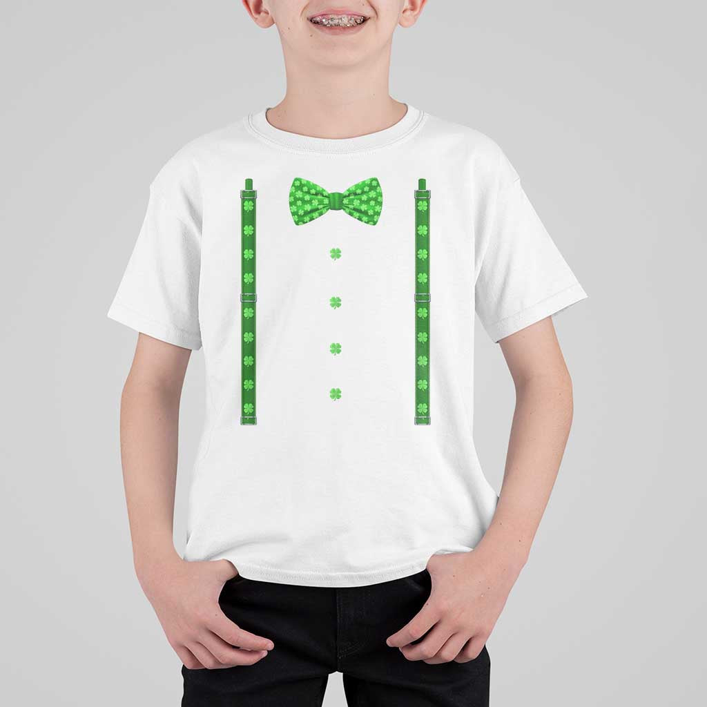 Bow Tie Suspenders St Patricks Day Costume T Shirt For Kid Funny Irish Shamrock Clovers