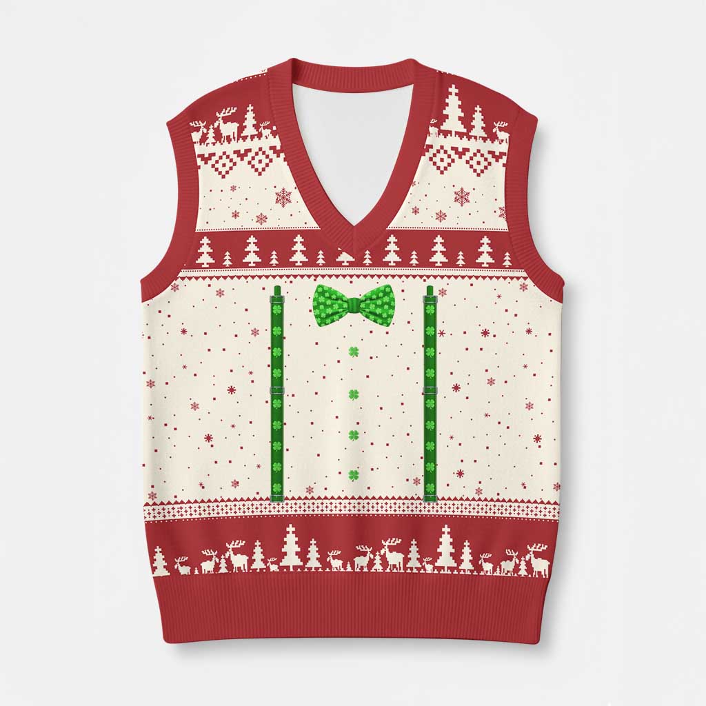Bow Tie Suspenders St Patricks Day Costume V-Neck Knit Sweater Vest Funny Irish Shamrock Clovers