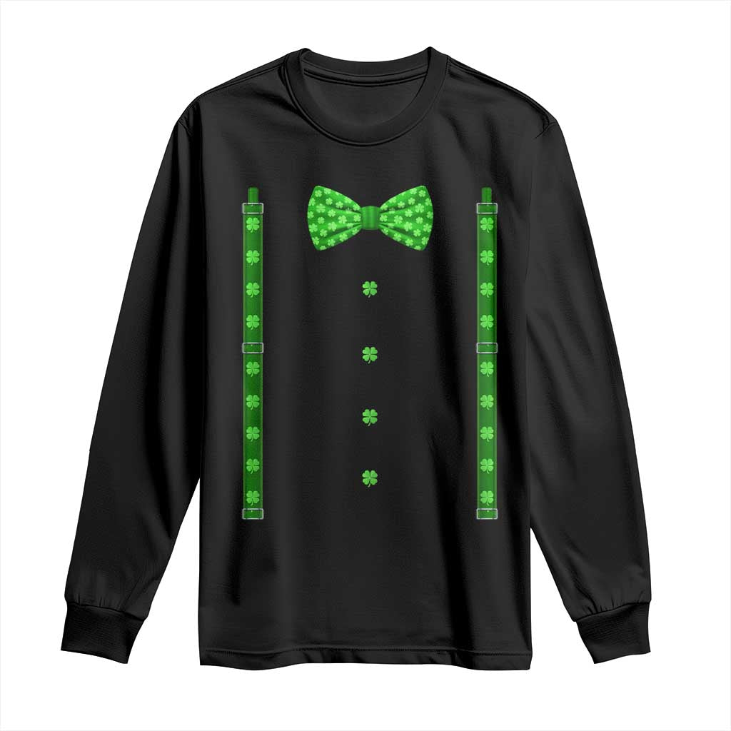 Bow Tie Suspenders St Patricks Day Costume Long Sleeve Shirt Funny Irish Shamrock Clovers