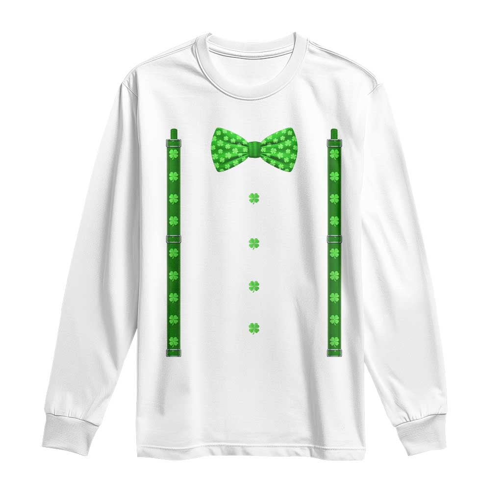 Bow Tie Suspenders St Patricks Day Costume Long Sleeve Shirt Funny Irish Shamrock Clovers