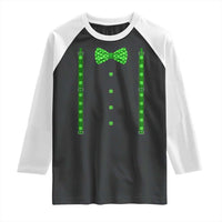 Bow Tie Suspenders St Patricks Day Costume Raglan Shirt Funny Irish Shamrock Clovers