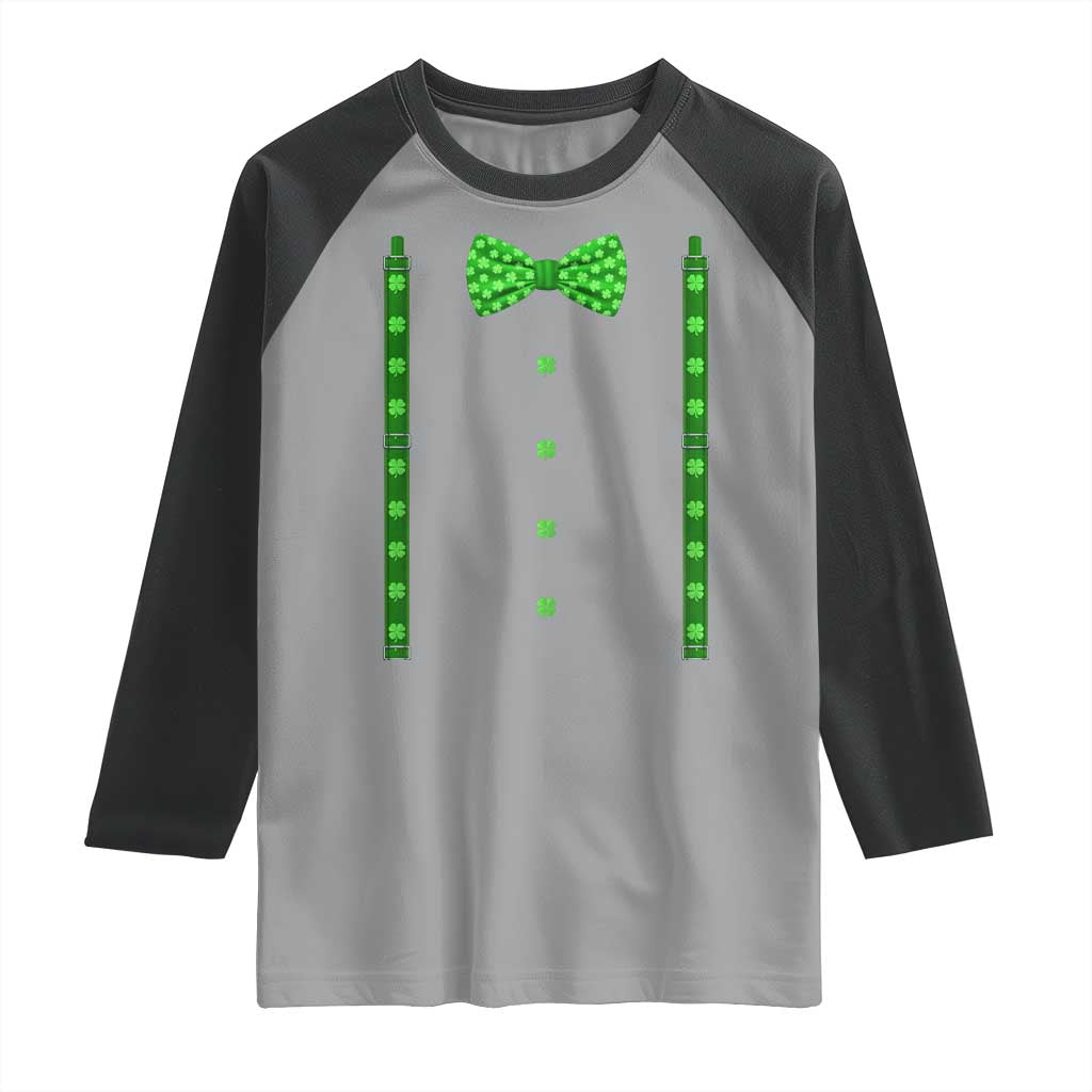 Bow Tie Suspenders St Patricks Day Costume Raglan Shirt Funny Irish Shamrock Clovers