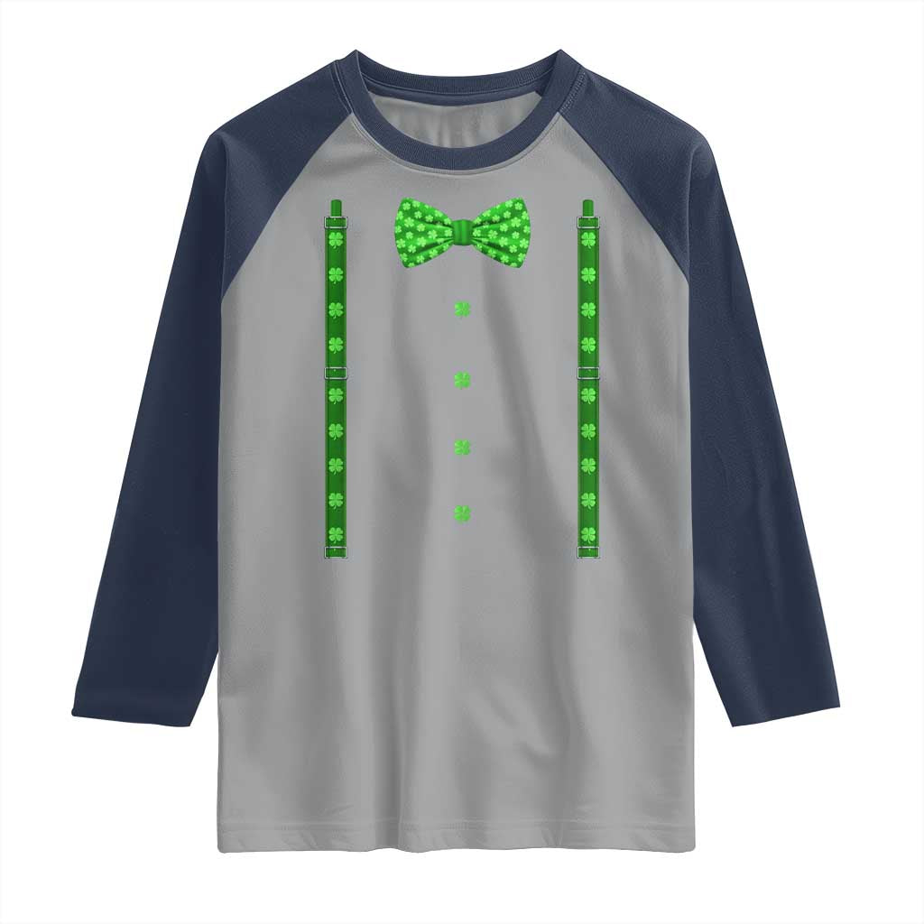 Bow Tie Suspenders St Patricks Day Costume Raglan Shirt Funny Irish Shamrock Clovers