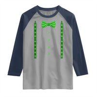 Bow Tie Suspenders St Patricks Day Costume Raglan Shirt Funny Irish Shamrock Clovers