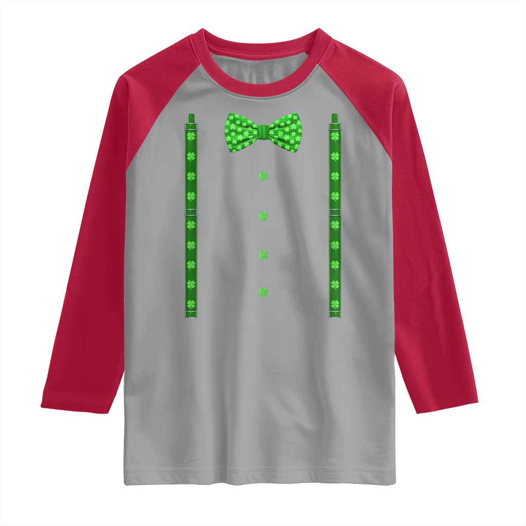 Bow Tie Suspenders St Patricks Day Costume Raglan Shirt Funny Irish Shamrock Clovers