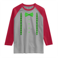 Bow Tie Suspenders St Patricks Day Costume Raglan Shirt Funny Irish Shamrock Clovers
