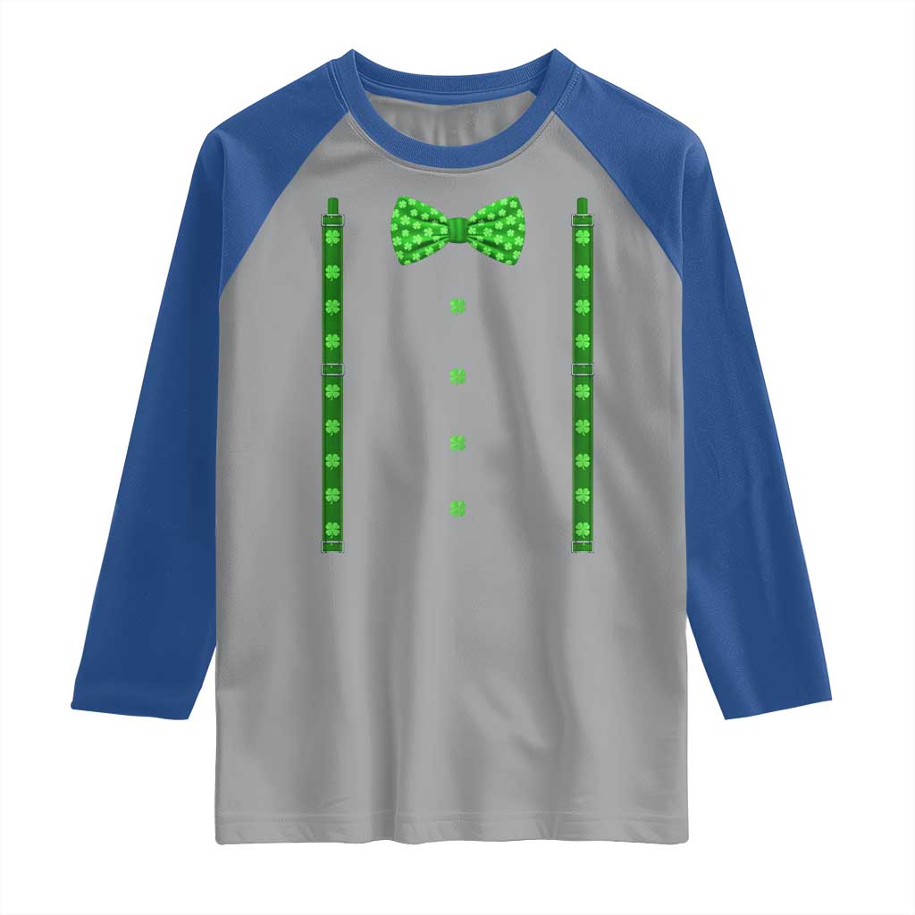 Bow Tie Suspenders St Patricks Day Costume Raglan Shirt Funny Irish Shamrock Clovers