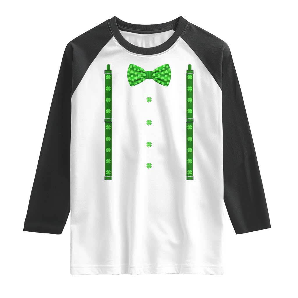 Bow Tie Suspenders St Patricks Day Costume Raglan Shirt Funny Irish Shamrock Clovers