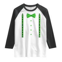 Bow Tie Suspenders St Patricks Day Costume Raglan Shirt Funny Irish Shamrock Clovers
