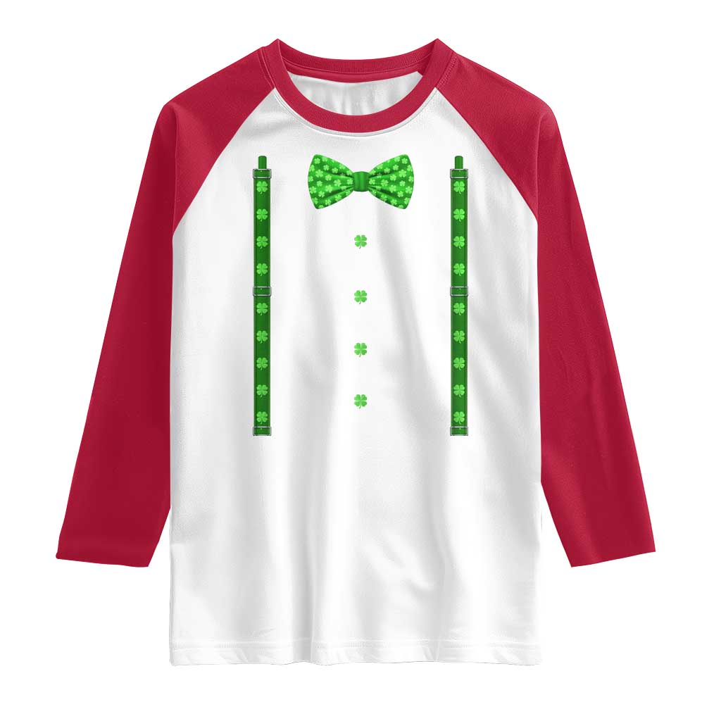 Bow Tie Suspenders St Patricks Day Costume Raglan Shirt Funny Irish Shamrock Clovers