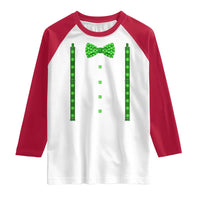 Bow Tie Suspenders St Patricks Day Costume Raglan Shirt Funny Irish Shamrock Clovers