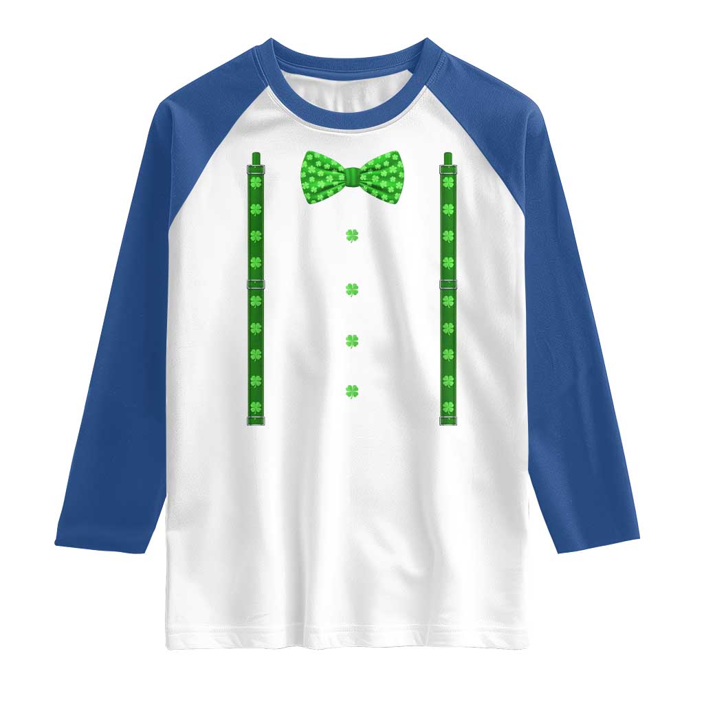 Bow Tie Suspenders St Patricks Day Costume Raglan Shirt Funny Irish Shamrock Clovers