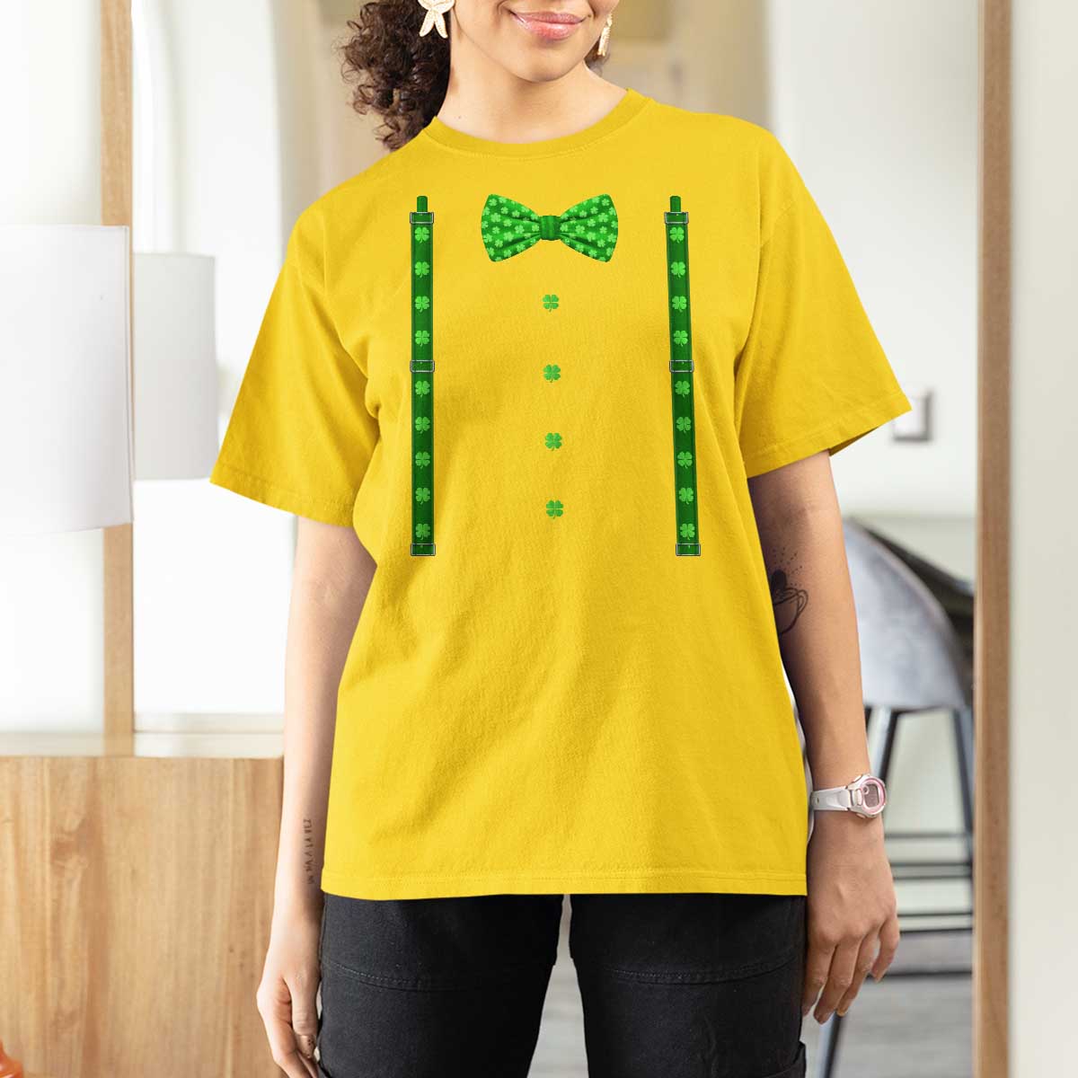 Bow Tie Suspenders St Patricks Day Costume T Shirt For Women Funny Irish Shamrock Clovers