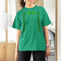Bow Tie Suspenders St Patricks Day Costume T Shirt For Women Funny Irish Shamrock Clovers