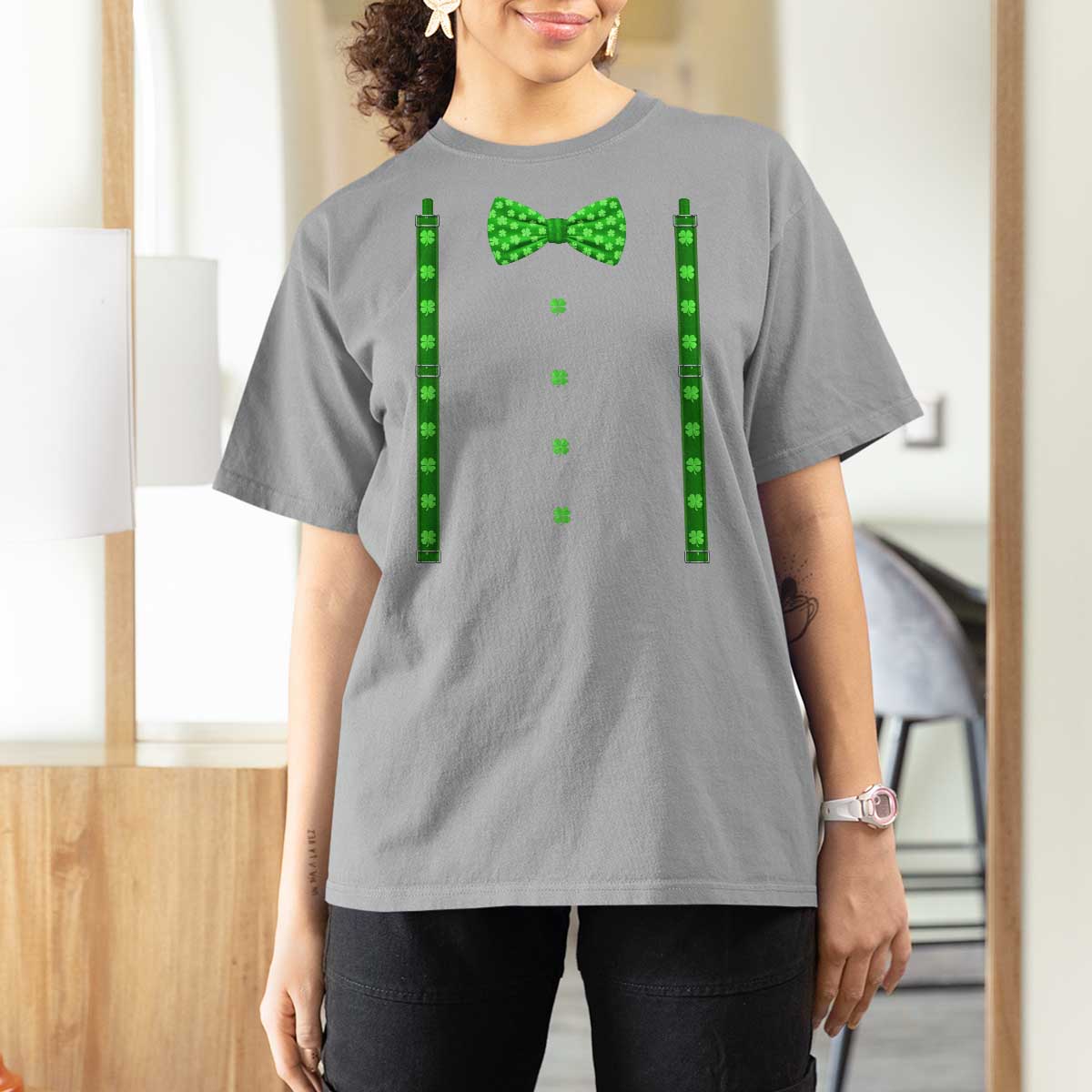 Bow Tie Suspenders St Patricks Day Costume T Shirt For Women Funny Irish Shamrock Clovers