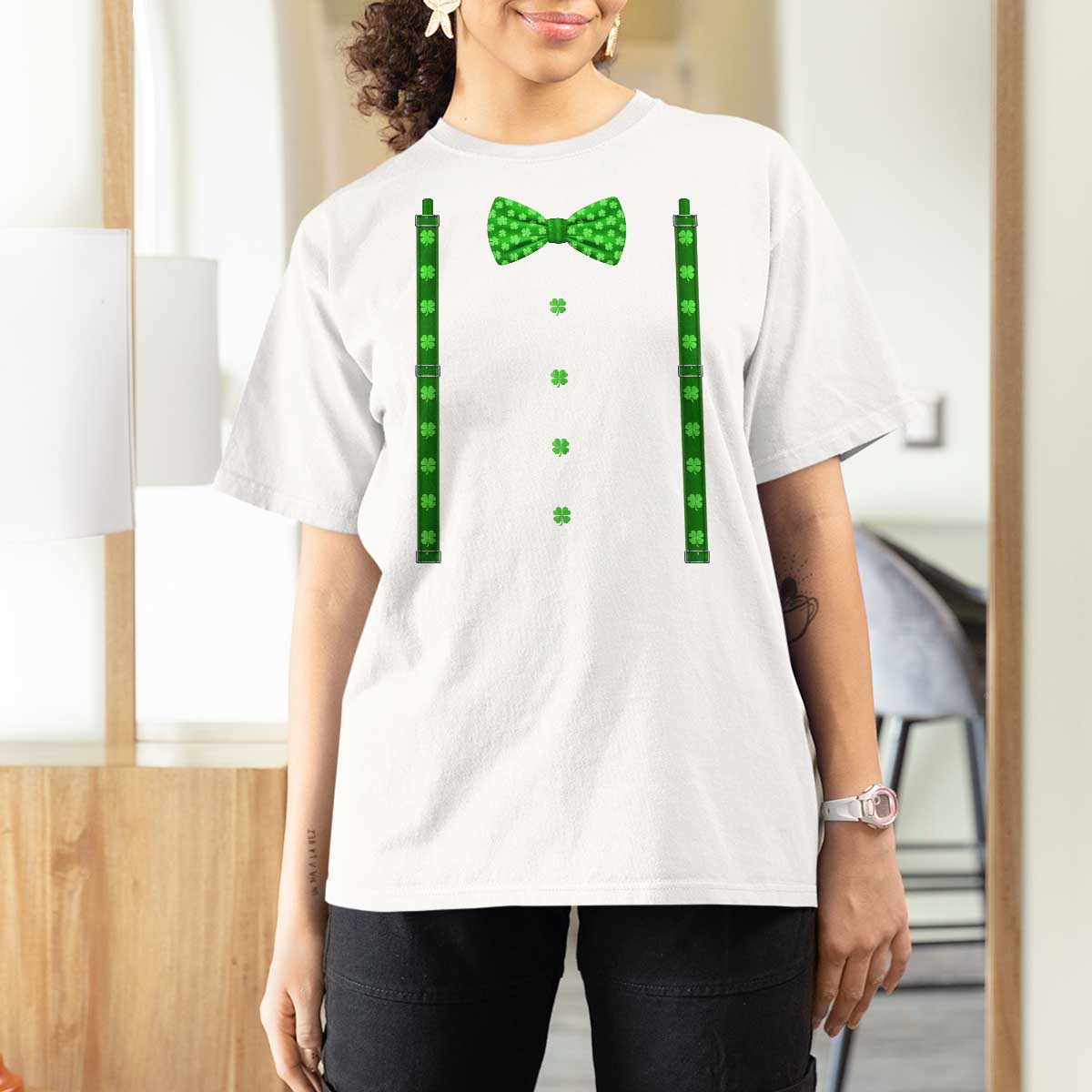 Bow Tie Suspenders St Patricks Day Costume T Shirt For Women Funny Irish Shamrock Clovers