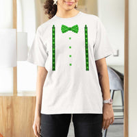 Bow Tie Suspenders St Patricks Day Costume T Shirt For Women Funny Irish Shamrock Clovers