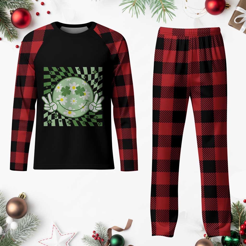 Retro Groovy Shamrock Smile Face St Patricks Day Plaid Pajama Set