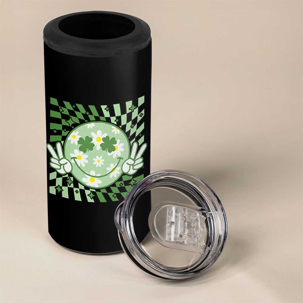 Retro Groovy Shamrock Smile Face St Patricks Day 4 in 1 Can Cooler Tumbler