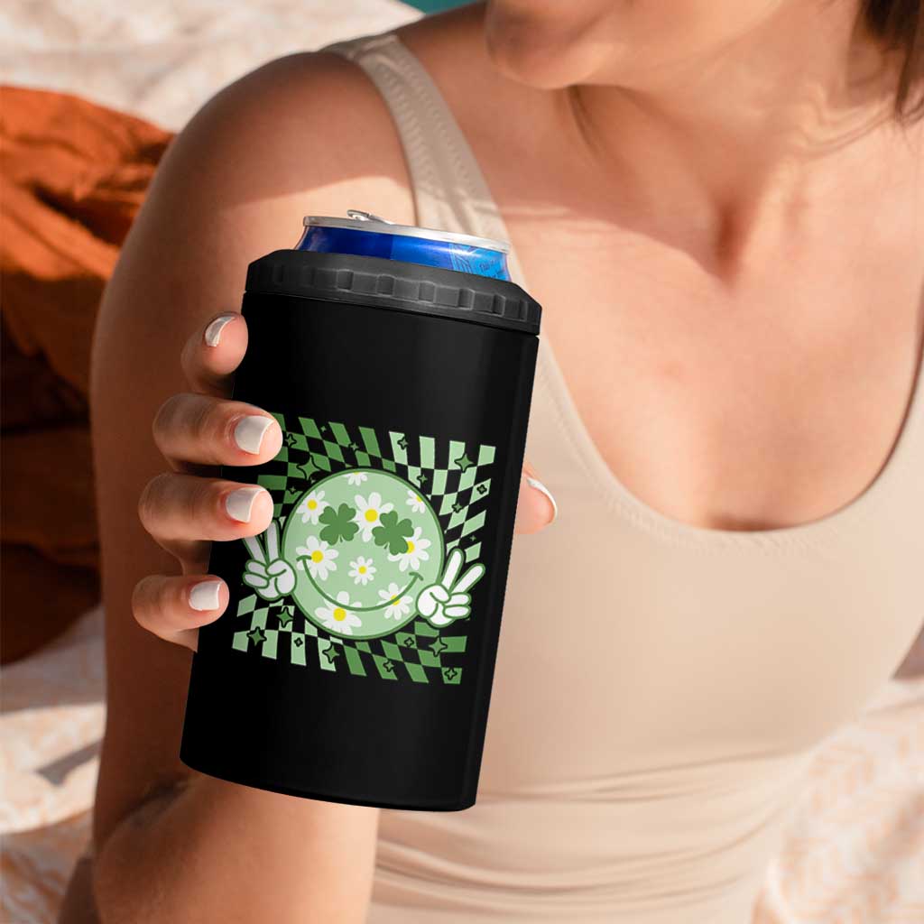 Retro Groovy Shamrock Smile Face St Patricks Day 4 in 1 Can Cooler Tumbler