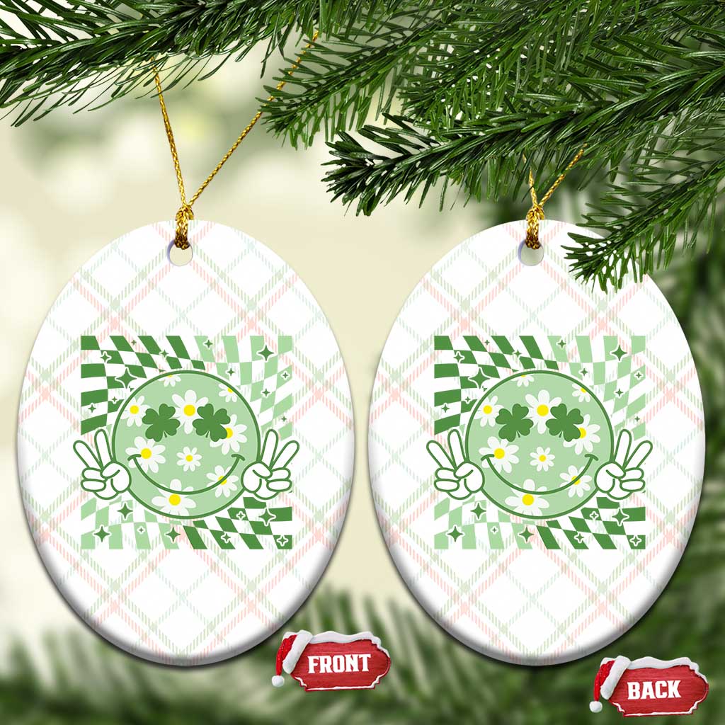Retro Groovy Shamrock Smile Face St Patricks Day Ceramic Ornament