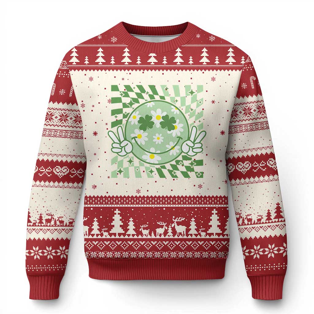 Retro Groovy Shamrock Smile Face St Patricks Day Ugly Christmas Sweater