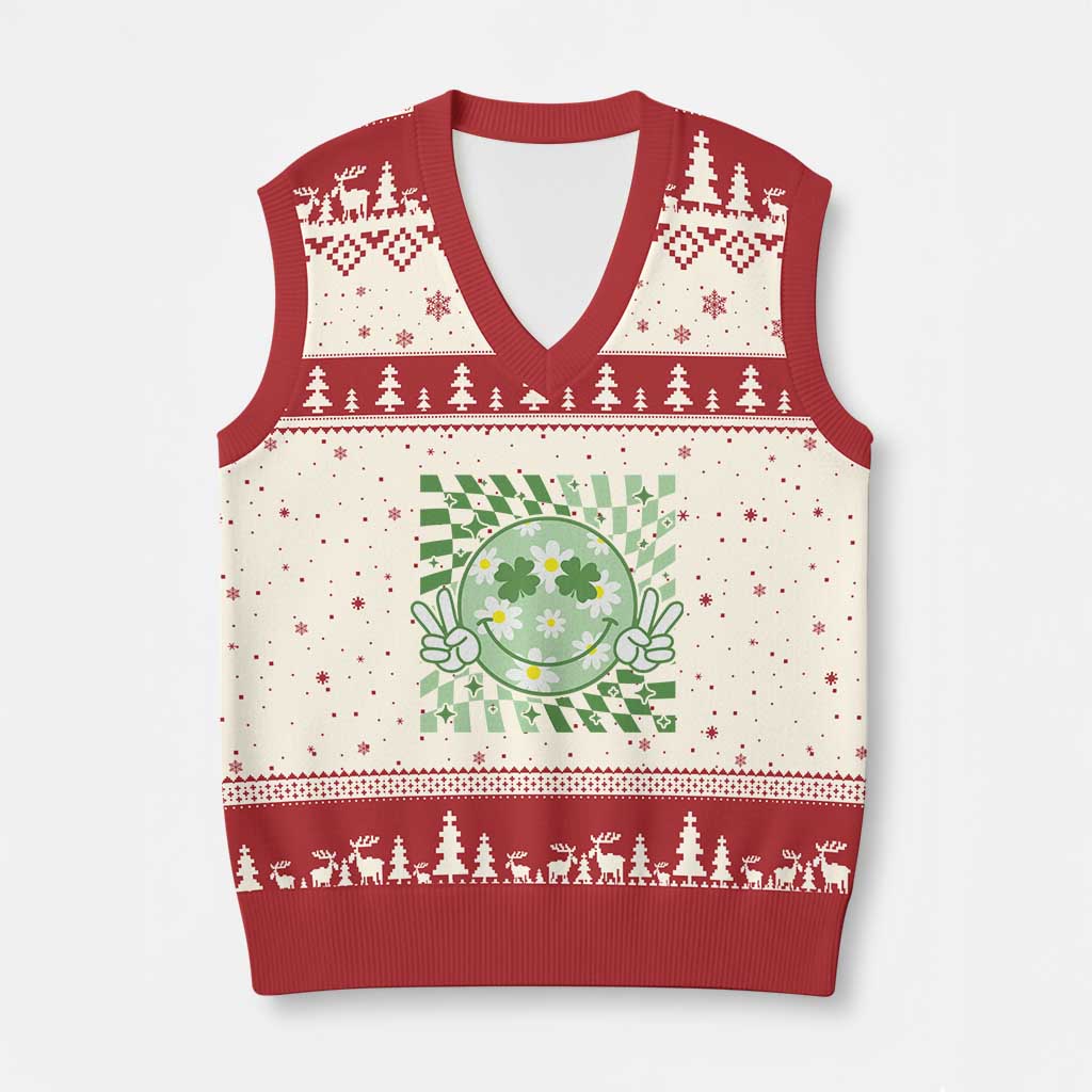 Retro Groovy Shamrock Smile Face St Patricks Day V-Neck Knit Sweater Vest