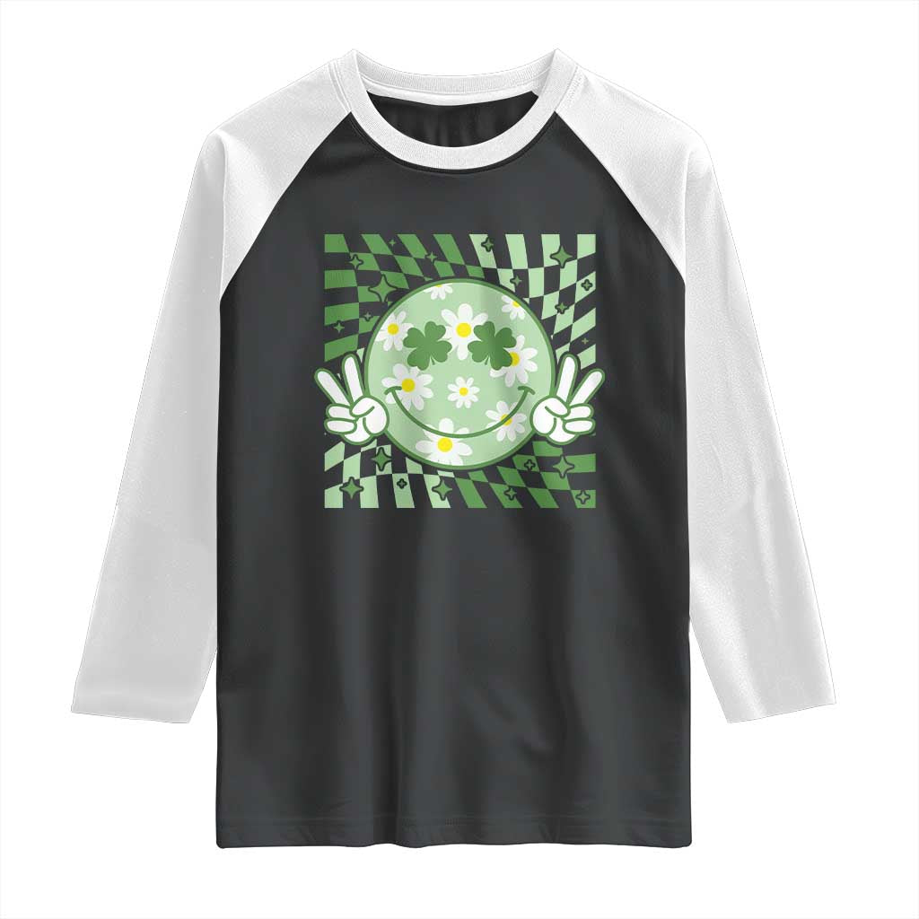 Retro Groovy Shamrock Smile Face St Patricks Day Raglan Shirt