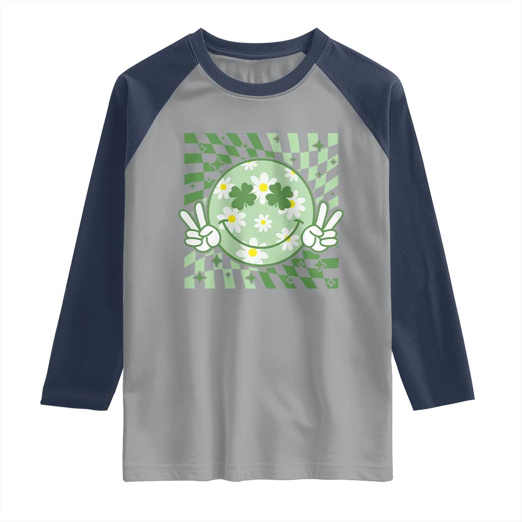 Retro Groovy Shamrock Smile Face St Patricks Day Raglan Shirt