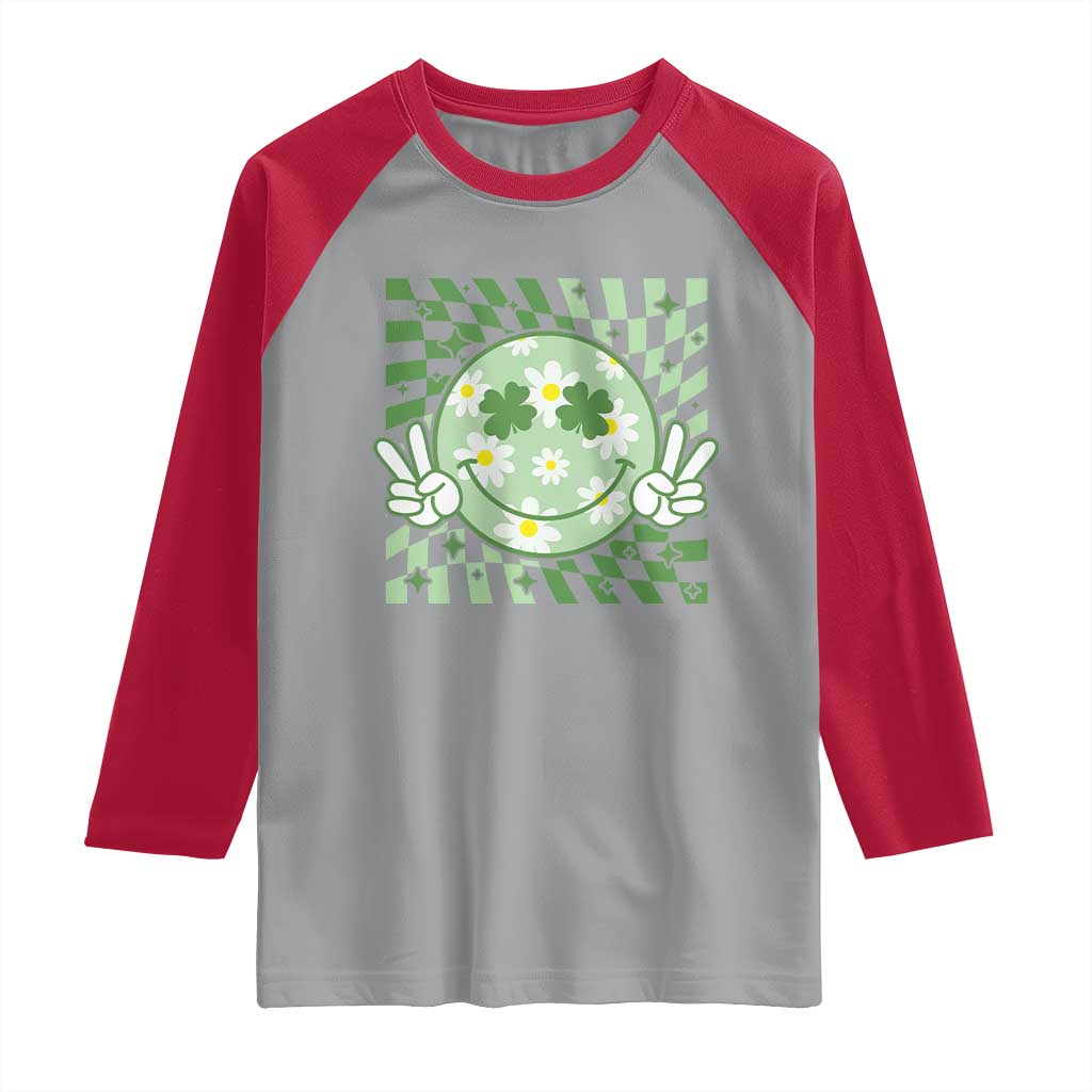 Retro Groovy Shamrock Smile Face St Patricks Day Raglan Shirt