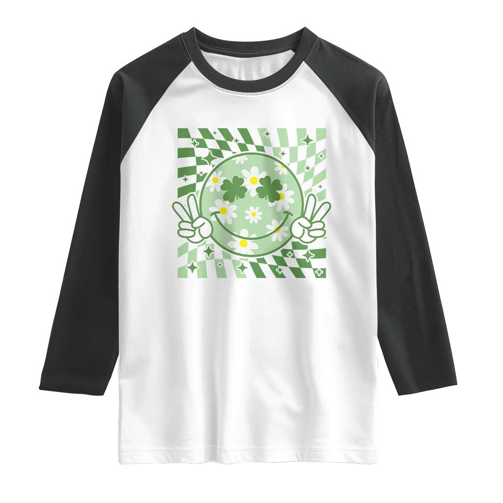 Retro Groovy Shamrock Smile Face St Patricks Day Raglan Shirt