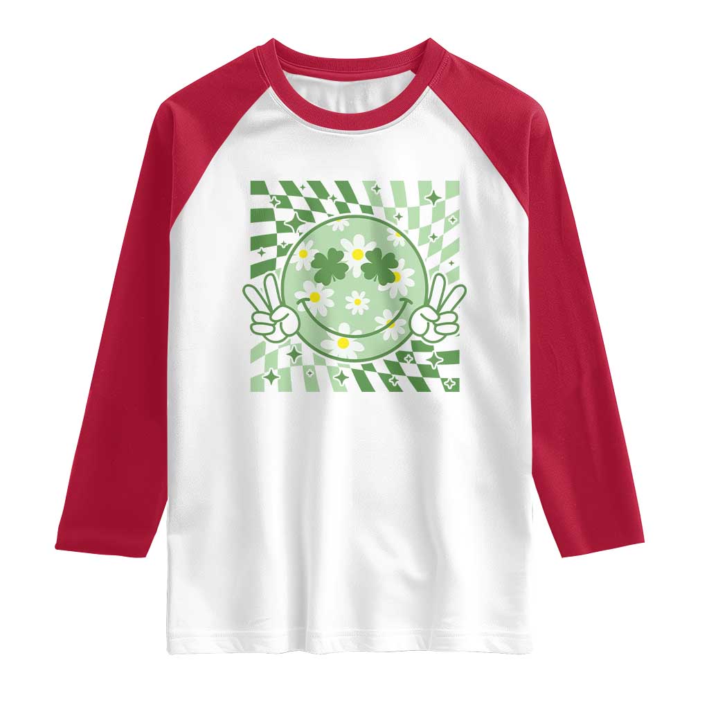 Retro Groovy Shamrock Smile Face St Patricks Day Raglan Shirt