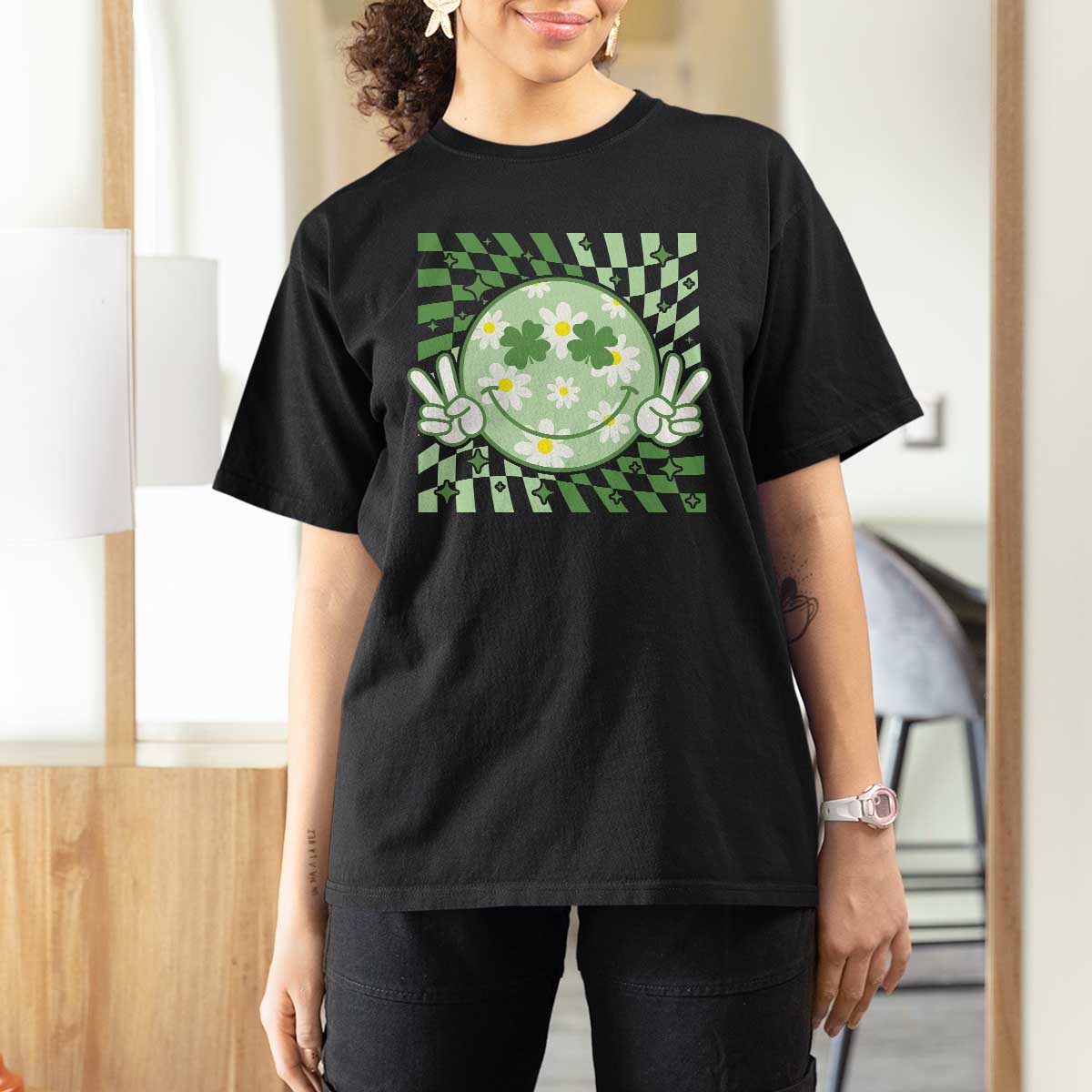 Retro Groovy Shamrock Smile Face St Patricks Day T Shirt For Women