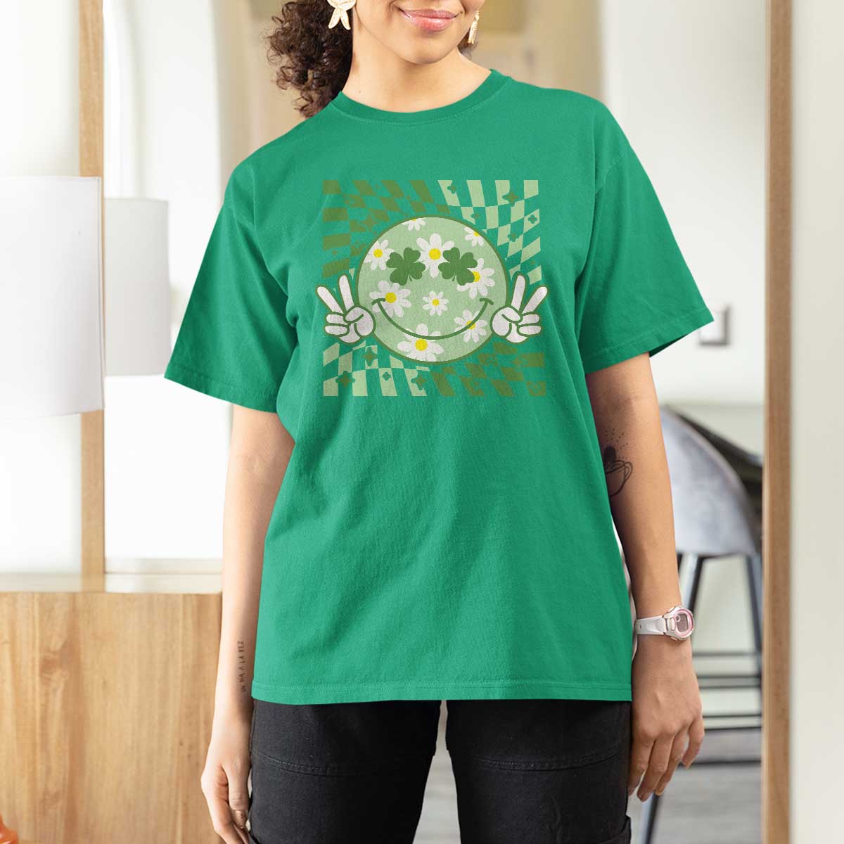 Retro Groovy Shamrock Smile Face St Patricks Day T Shirt For Women