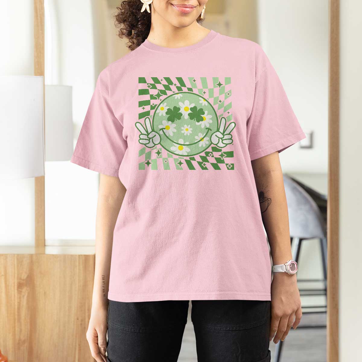 Retro Groovy Shamrock Smile Face St Patricks Day T Shirt For Women