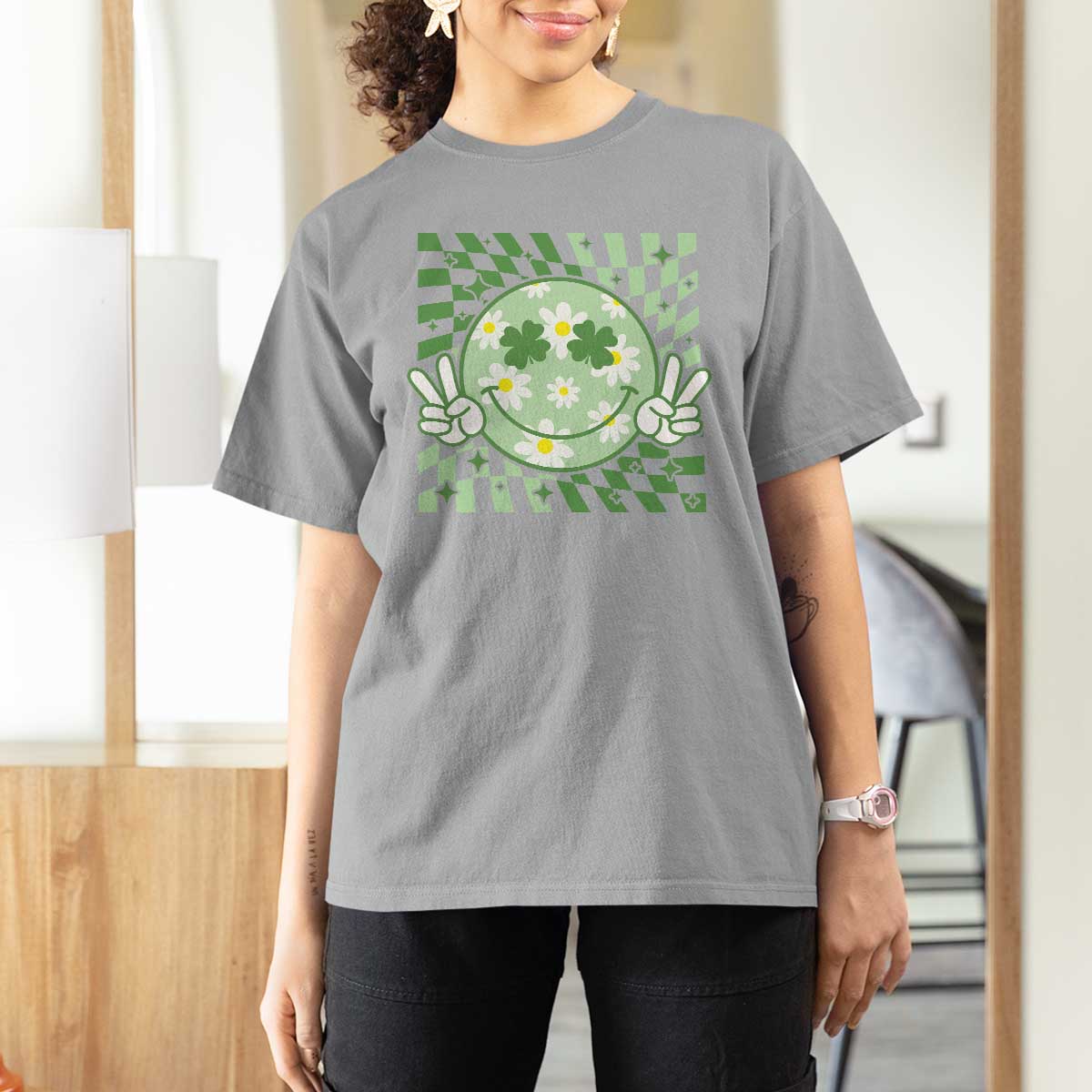 Retro Groovy Shamrock Smile Face St Patricks Day T Shirt For Women