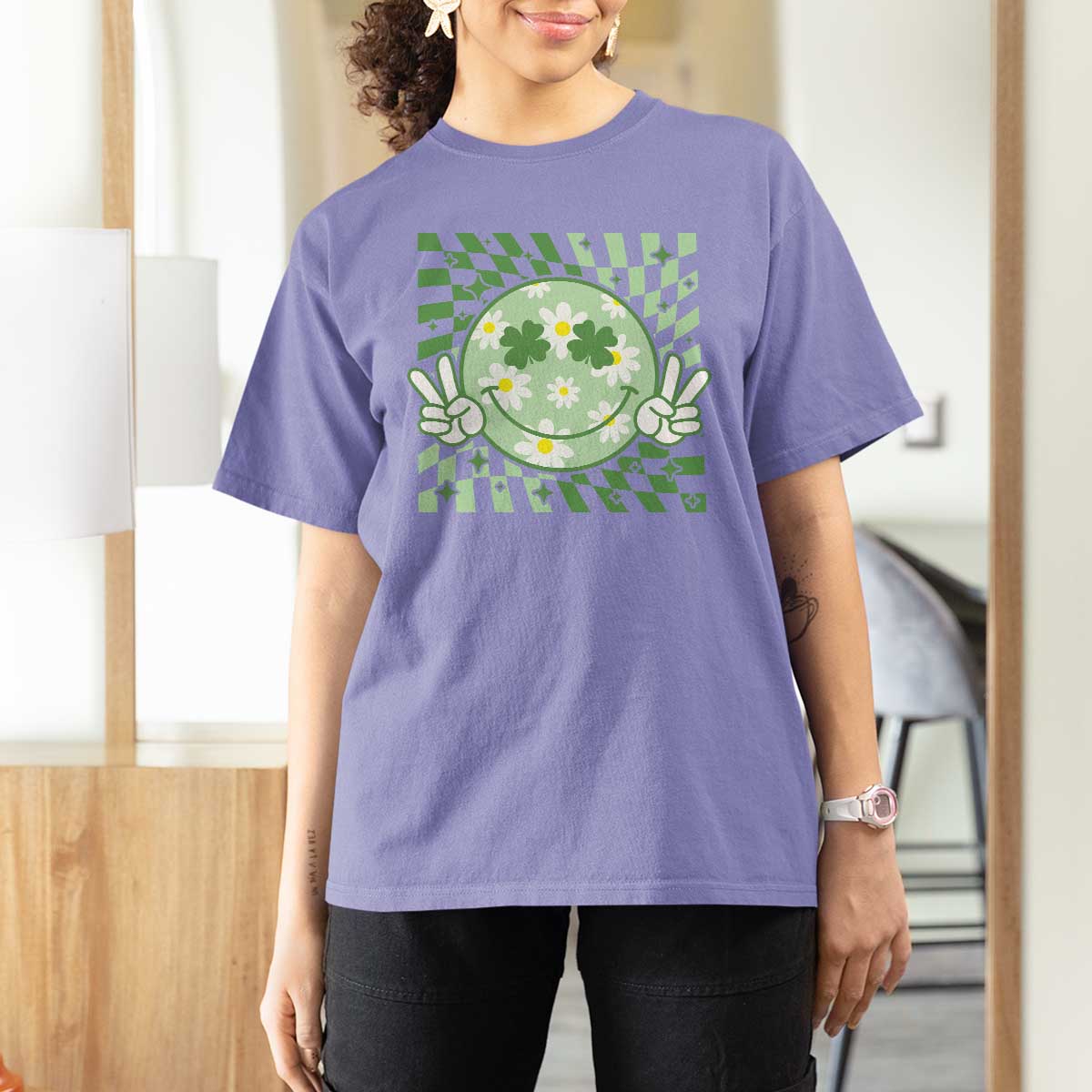 Retro Groovy Shamrock Smile Face St Patricks Day T Shirt For Women