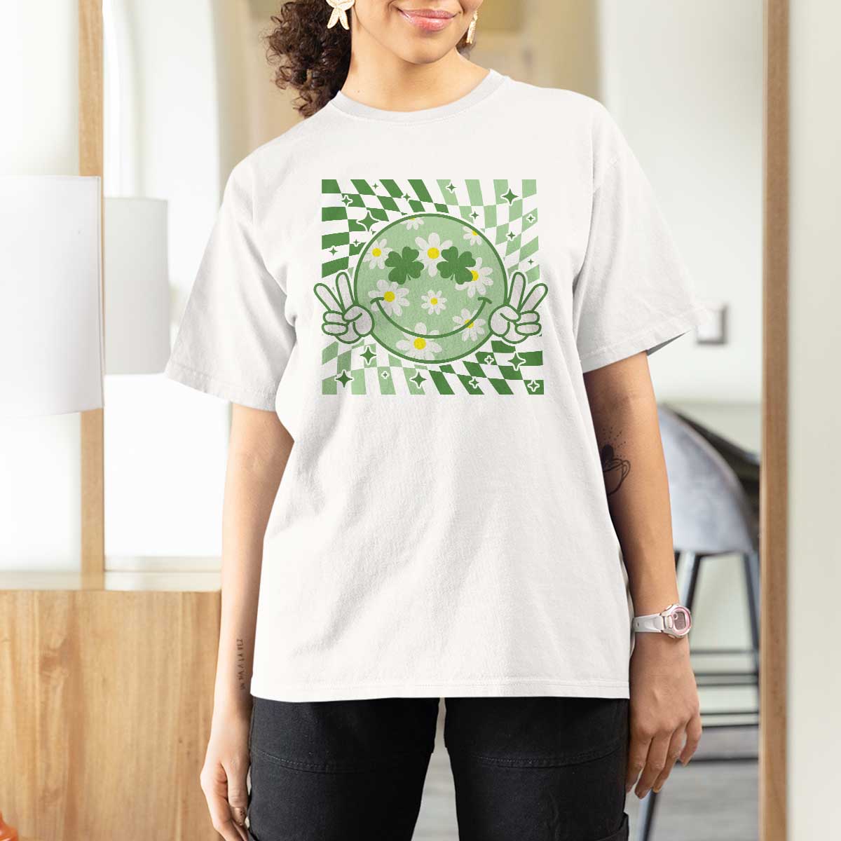 Retro Groovy Shamrock Smile Face St Patricks Day T Shirt For Women