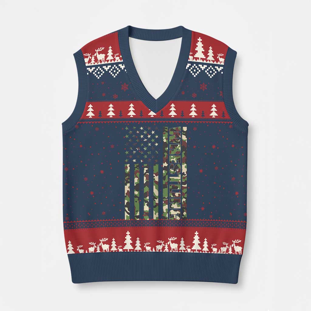 Wrestling American Flag Camo Wrestler V-Neck Knit Sweater Vest