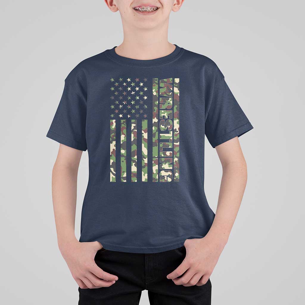 Wrestling American Flag Camo Wrestler T Shirt For Kid