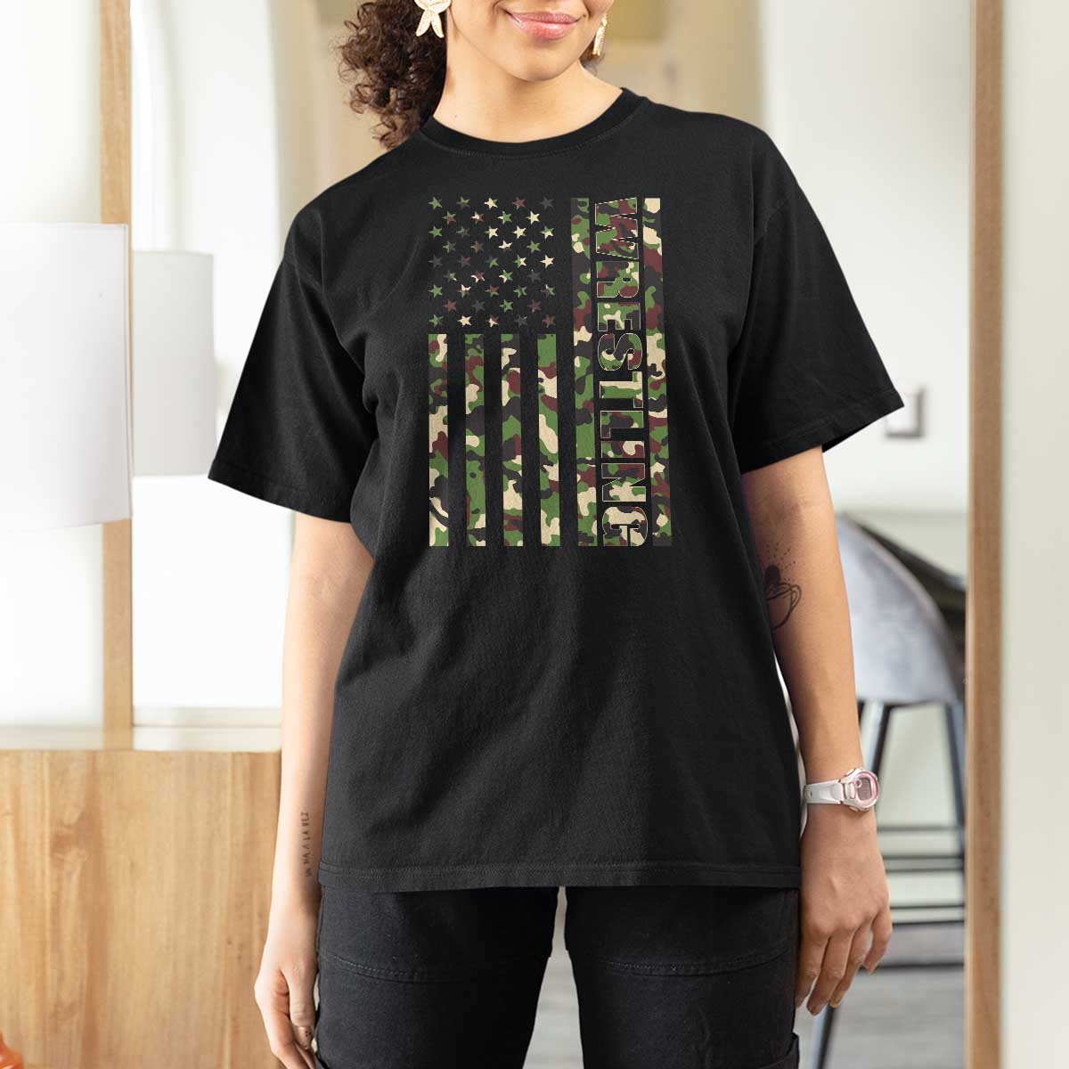 Wrestling American Flag Camo Wrestler T Shirt For Women