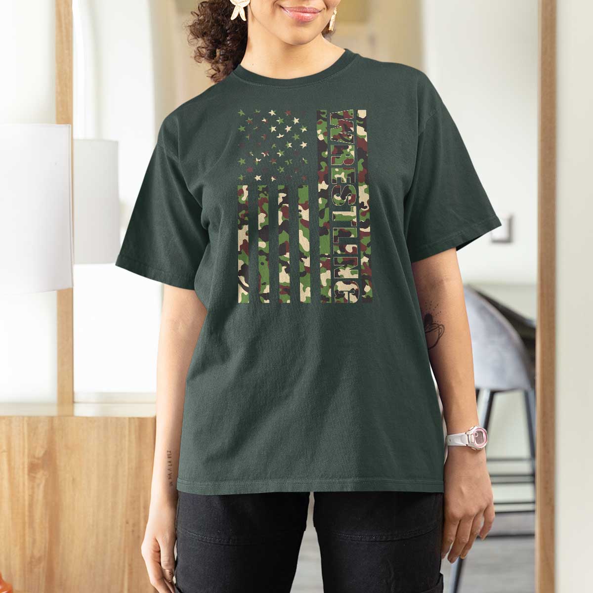 Wrestling American Flag Camo Wrestler T Shirt For Women