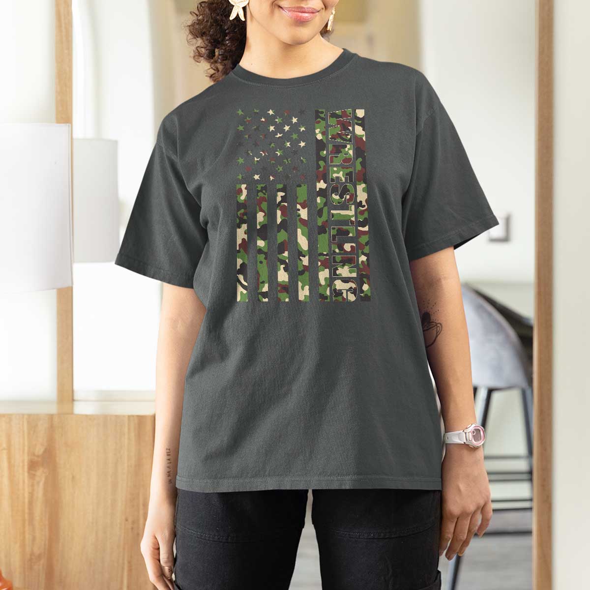 Wrestling American Flag Camo Wrestler T Shirt For Women
