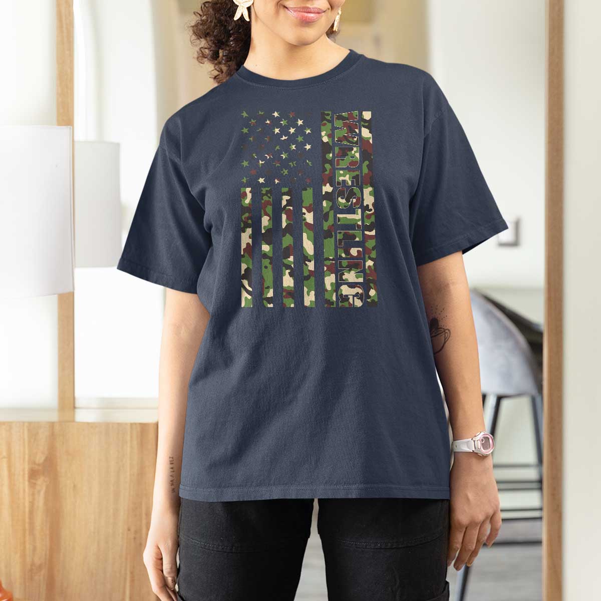 Wrestling American Flag Camo Wrestler T Shirt For Women