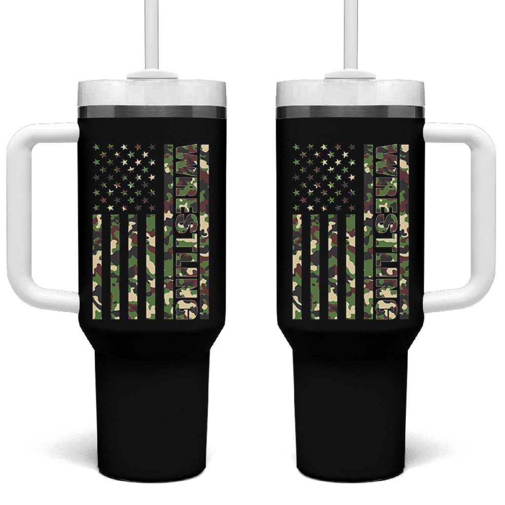 Wrestling American Flag Camo Wrestler Tumbler With Handle