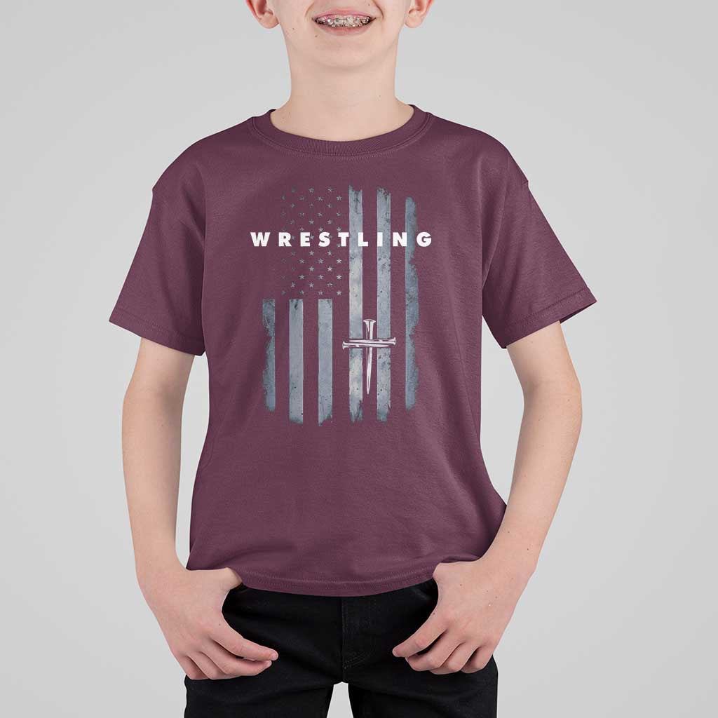 Christian Wrestling T Shirt For Kid Wrestler Faith Strength US USA Flag Christ Cross