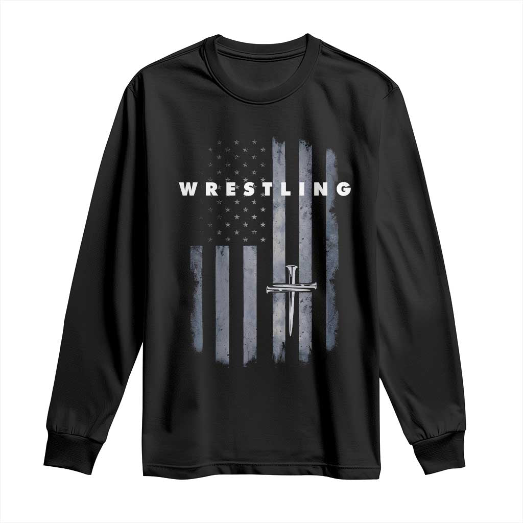 Christian Wrestling Long Sleeve Shirt Wrestler Faith Strength US USA Flag Christ Cross