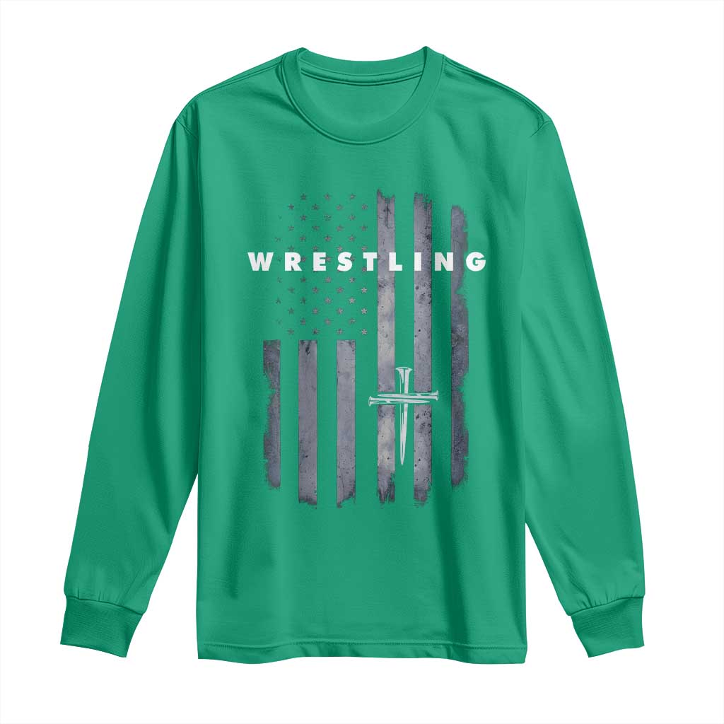 Christian Wrestling Long Sleeve Shirt Wrestler Faith Strength US USA Flag Christ Cross
